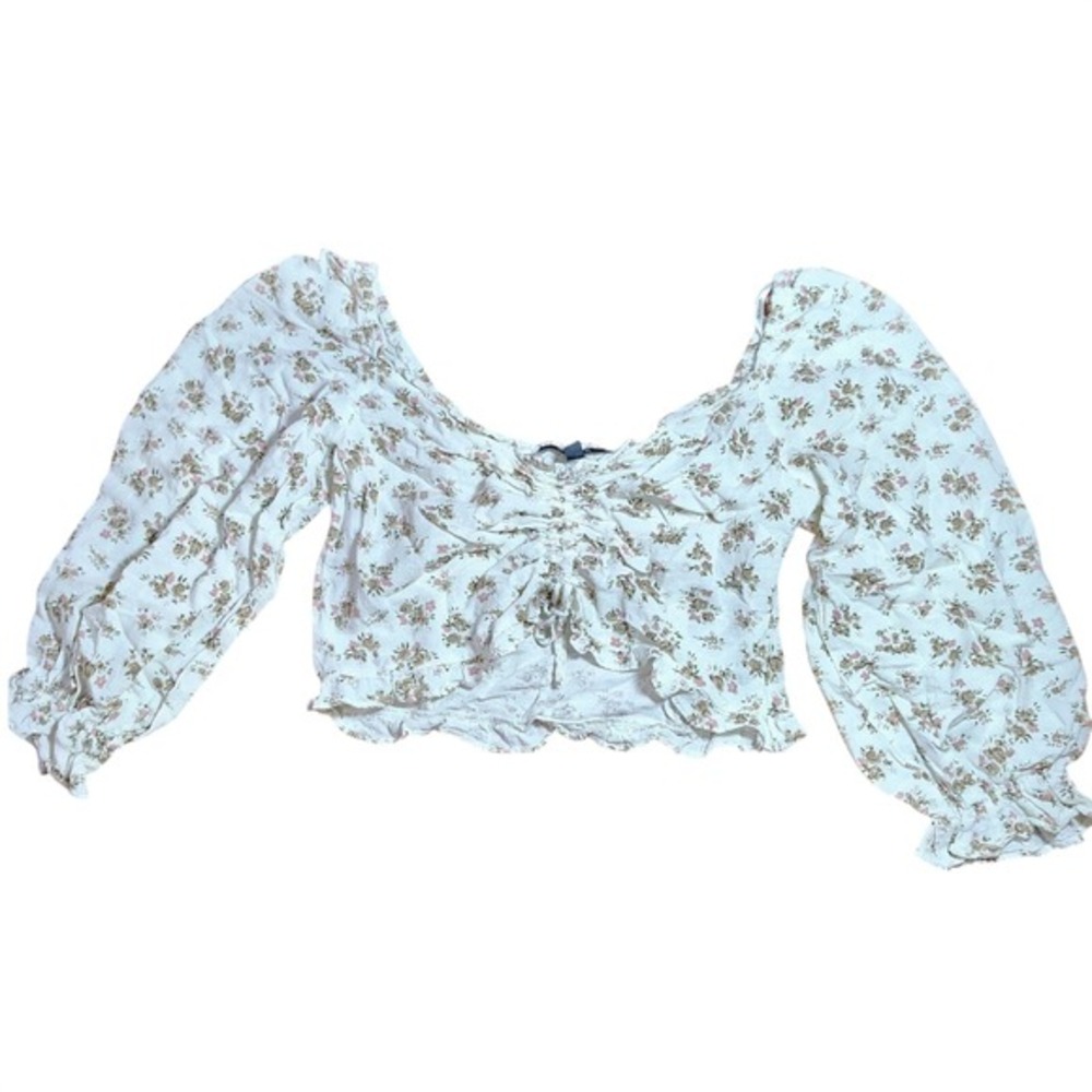 Papaya White Floral Ruched Front Long Sleeve Crop Top Size M peasant‎